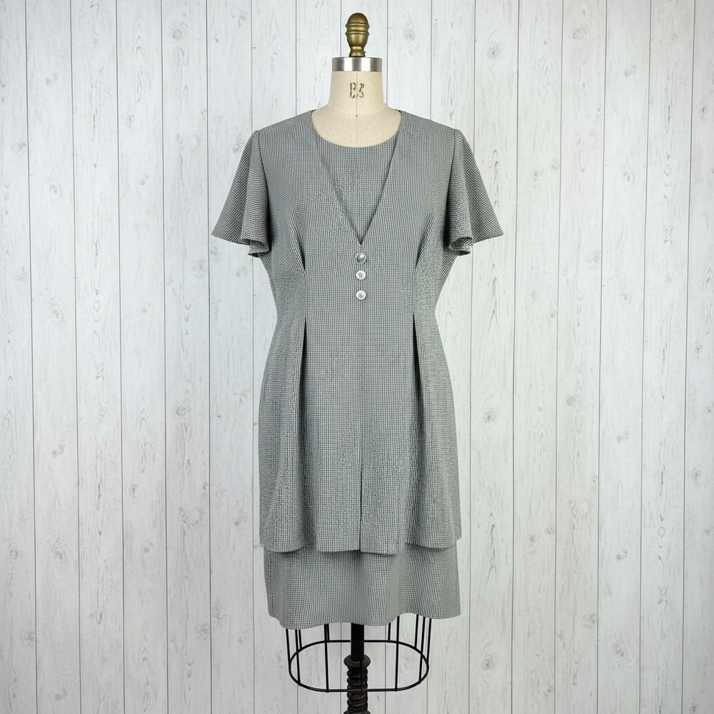 Vintage 90s Cottagecore Gingham Office Dress 14 Green Peplum Pencil‎ Layered